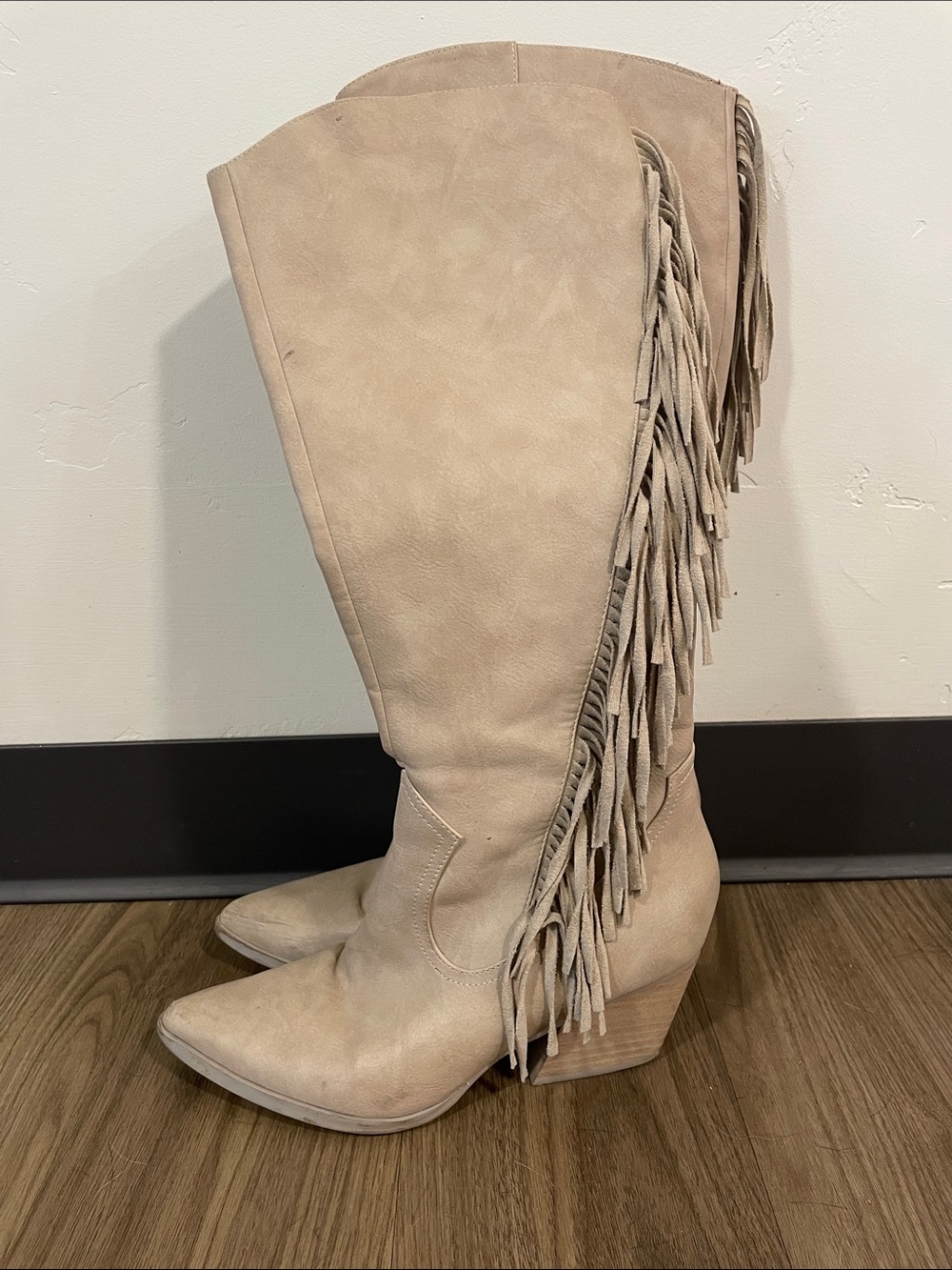 Dolce Vita Beige Fringe Over-the-Knee Wedge Boots